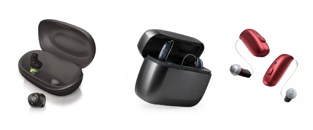 Rechargeable hearing aids in their charging case
